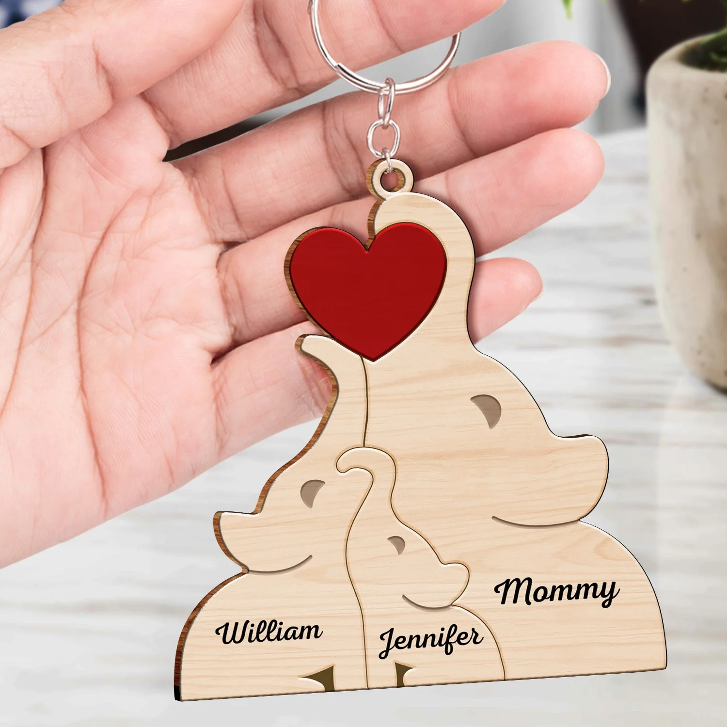Love Elephant Family - Gift For Mother, Father, Family - Personalized Wooden Keychain - Image 5