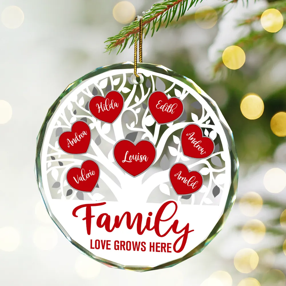 Love Grows Here Christmas Family - Personalized Circle Glass Ornament - Image 2