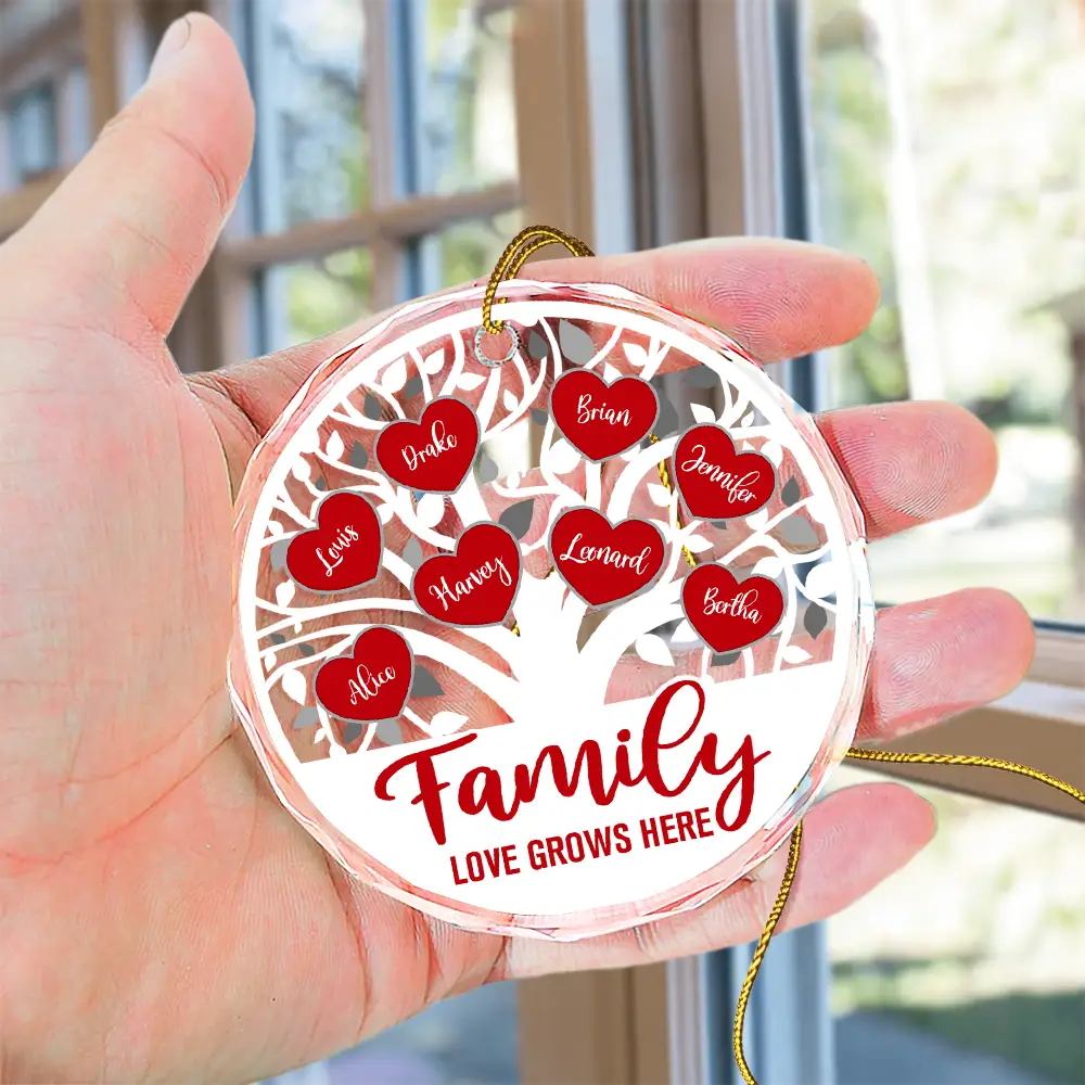 Love Grows Here Christmas Family - Personalized Circle Glass Ornament - Image 4