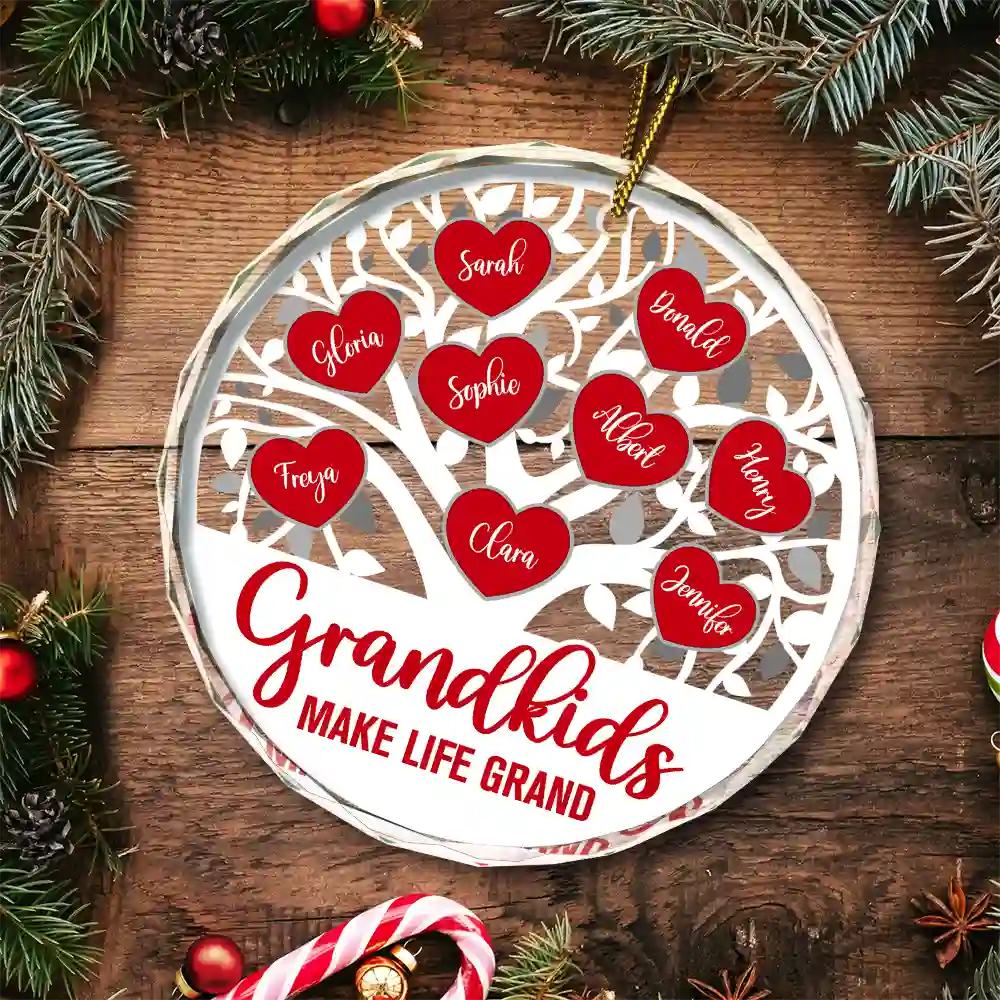 Love Grows Here Christmas Family - Personalized Circle Glass Ornament - Image 5
