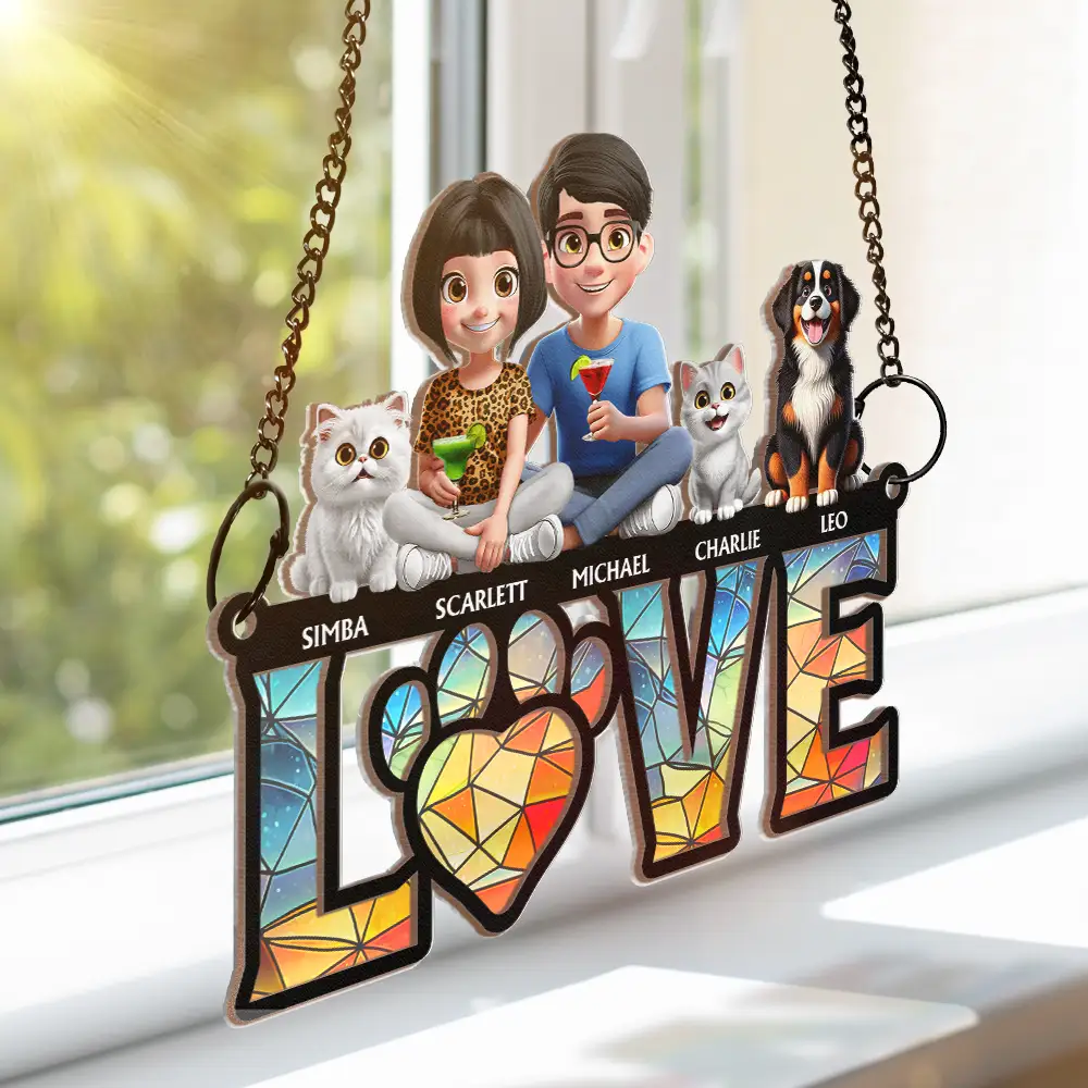 Love Is A Four Legged Word With Dogs Cats - Personalized Window Hanging Suncatcher Ornament - Image 3