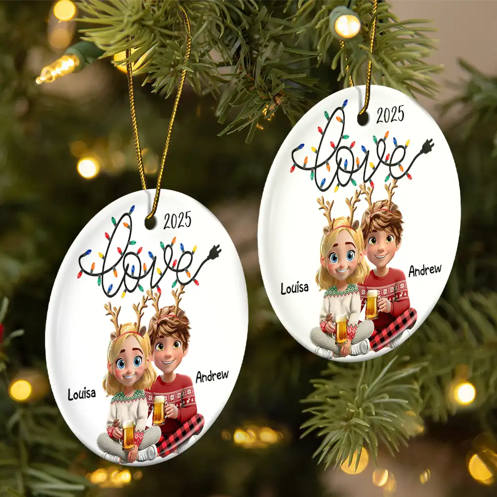 Love Light Christmas 3D Couple - Personalized Circle Ceramic Ornament - Image 2