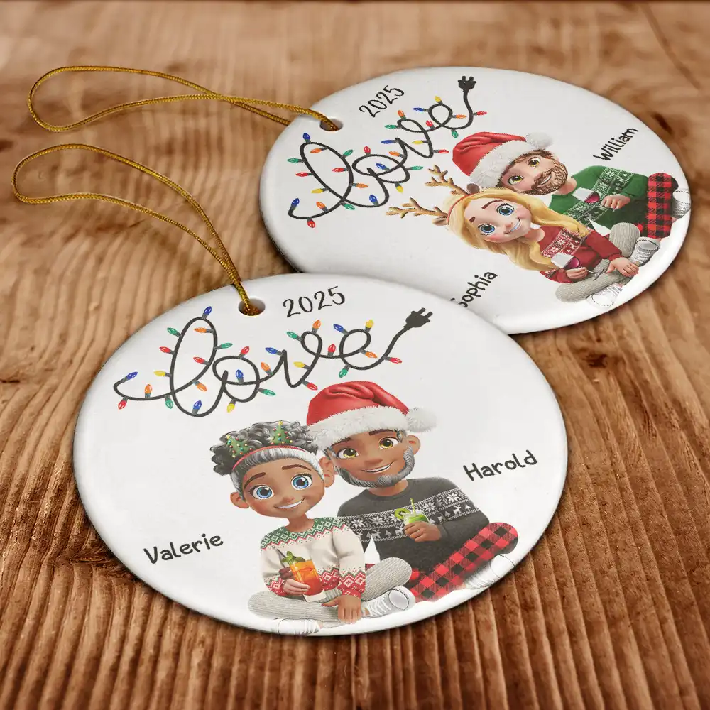 Love Light Christmas 3D Couple - Personalized Circle Ceramic Ornament - Image 6