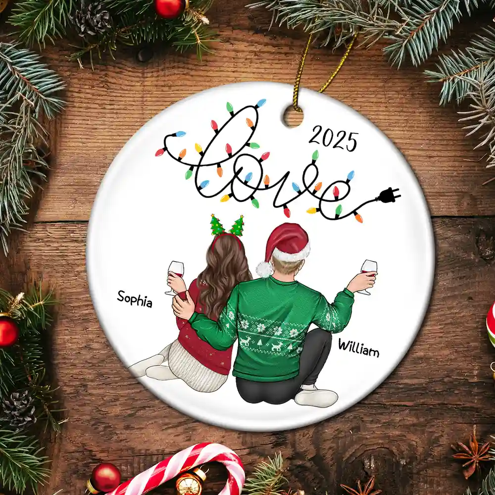 Love Light Christmas Couple - Personalized Circle Ceramic Ornament - Image 5