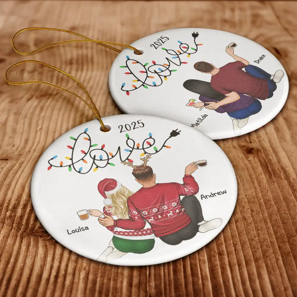 Love Light Christmas Couple - Personalized Circle Ceramic Ornament - Image 6