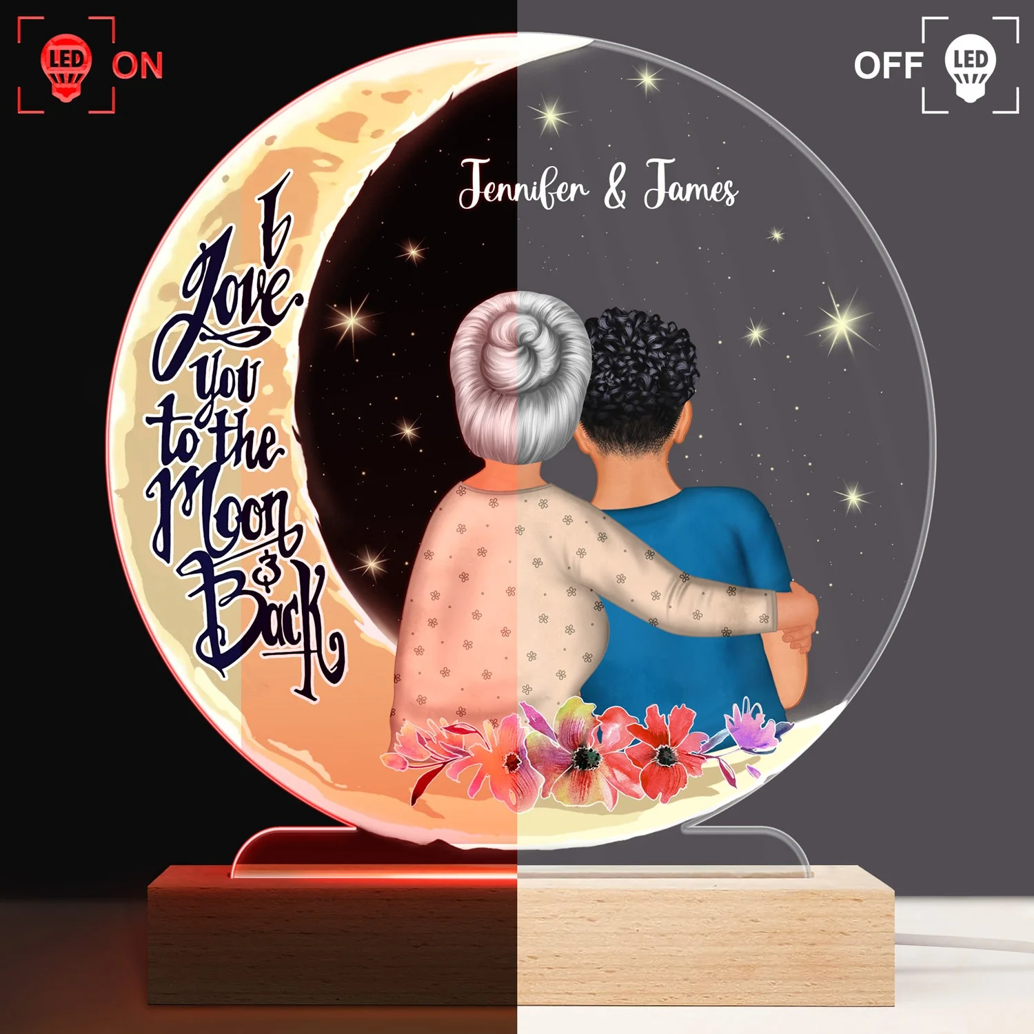 Love You To The Moon And Back - Gift For Grandma - Personalized Custom 3D Led Light Wooden Base - Image 3