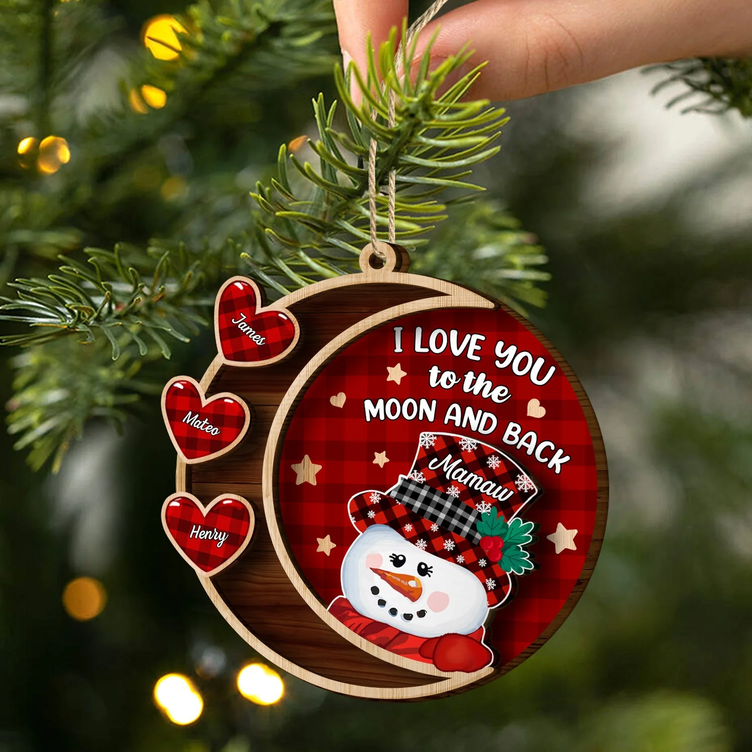 Love You To The Moon And Back Snowman - Christmas, Loving Gift For Grandpa, Grandma, Grandparents - Personalized 2-Layered Wooden Ornament - Image 2