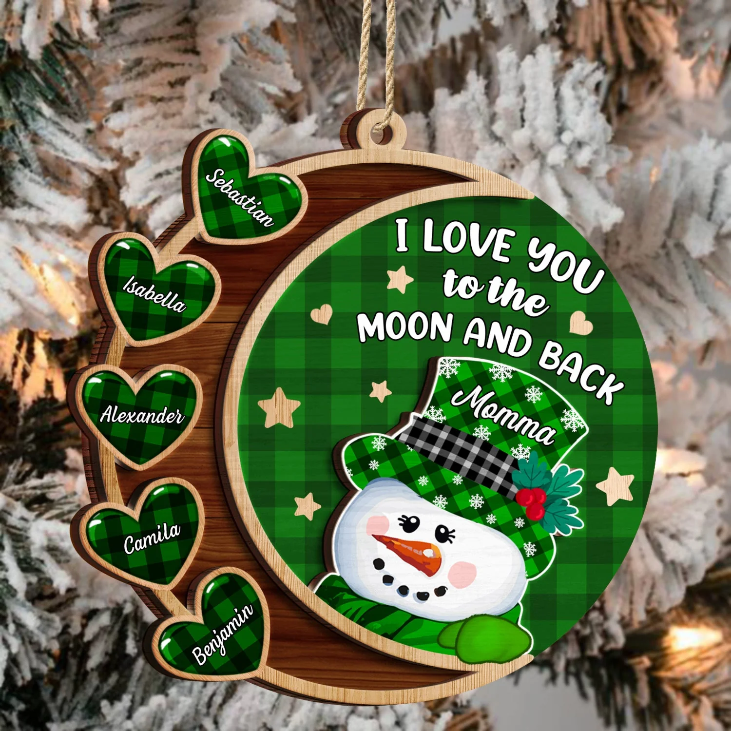 Love You To The Moon And Back Snowman - Christmas, Loving Gift For Grandpa, Grandma, Grandparents - Personalized 2-Layered Wooden Ornament - Image 3