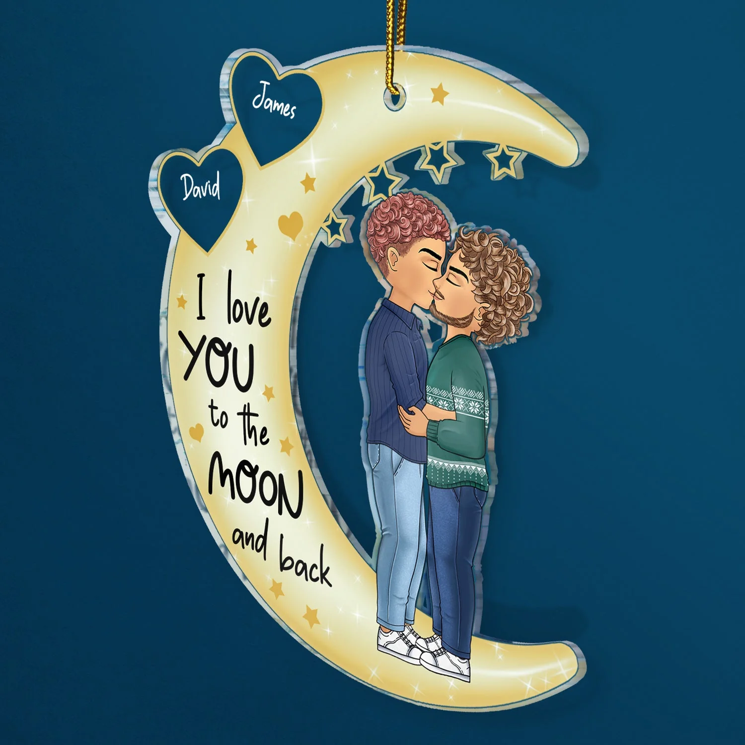 Love You To The Moon & Back Chibi Couple - Christmas Gift For Couples, Lovers, Wife, Husband, Girlfriend, Boyfriend - Personalized Cutout Acrylic Ornament - Image 2