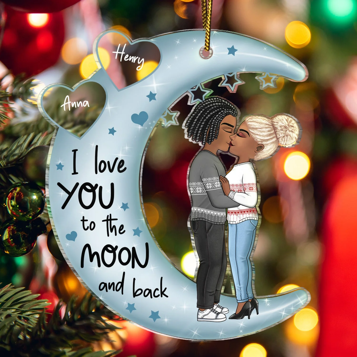 Love You To The Moon & Back Chibi Couple - Christmas Gift For Couples, Lovers, Wife, Husband, Girlfriend, Boyfriend - Personalized Cutout Acrylic Ornament - Image 5