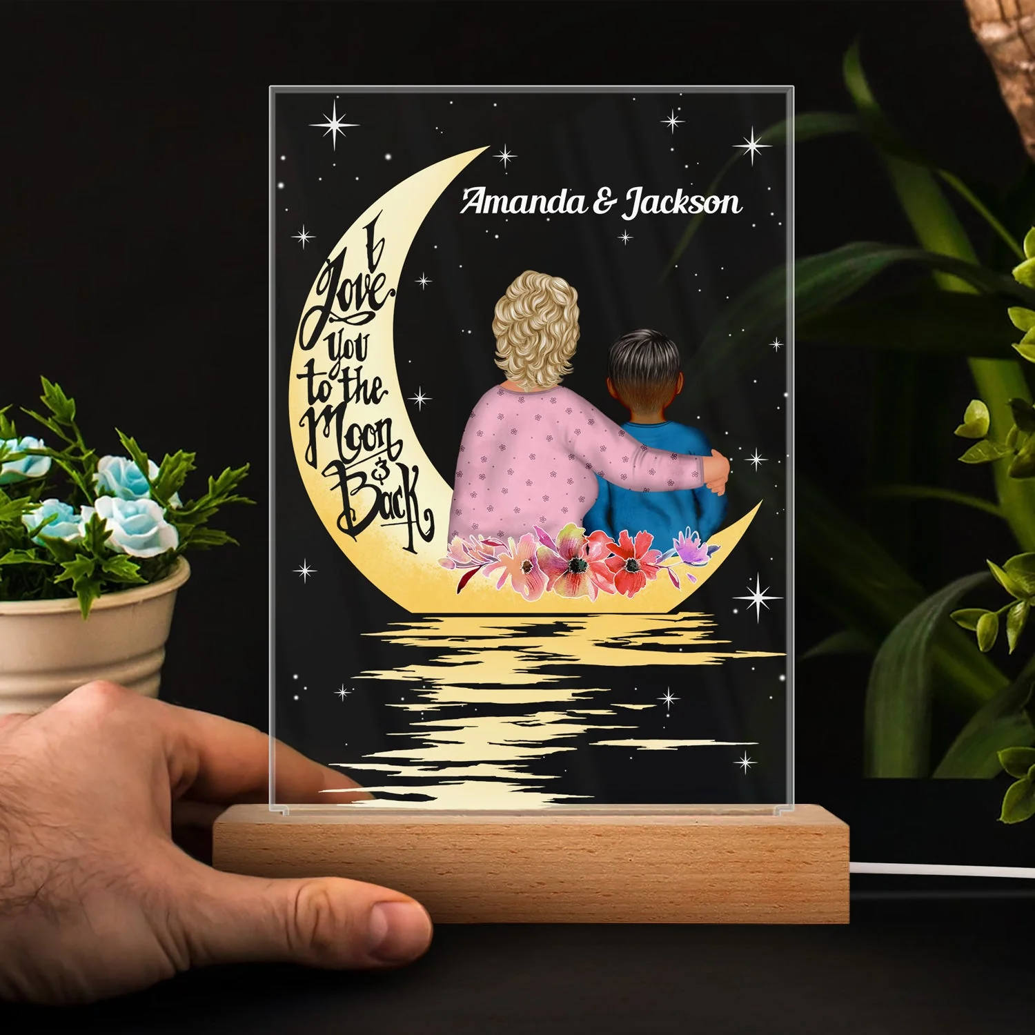 Love You To The Moon & Back - Gift For Grandma - Personalized Custom 3D Led Light Wooden Base - Image 4