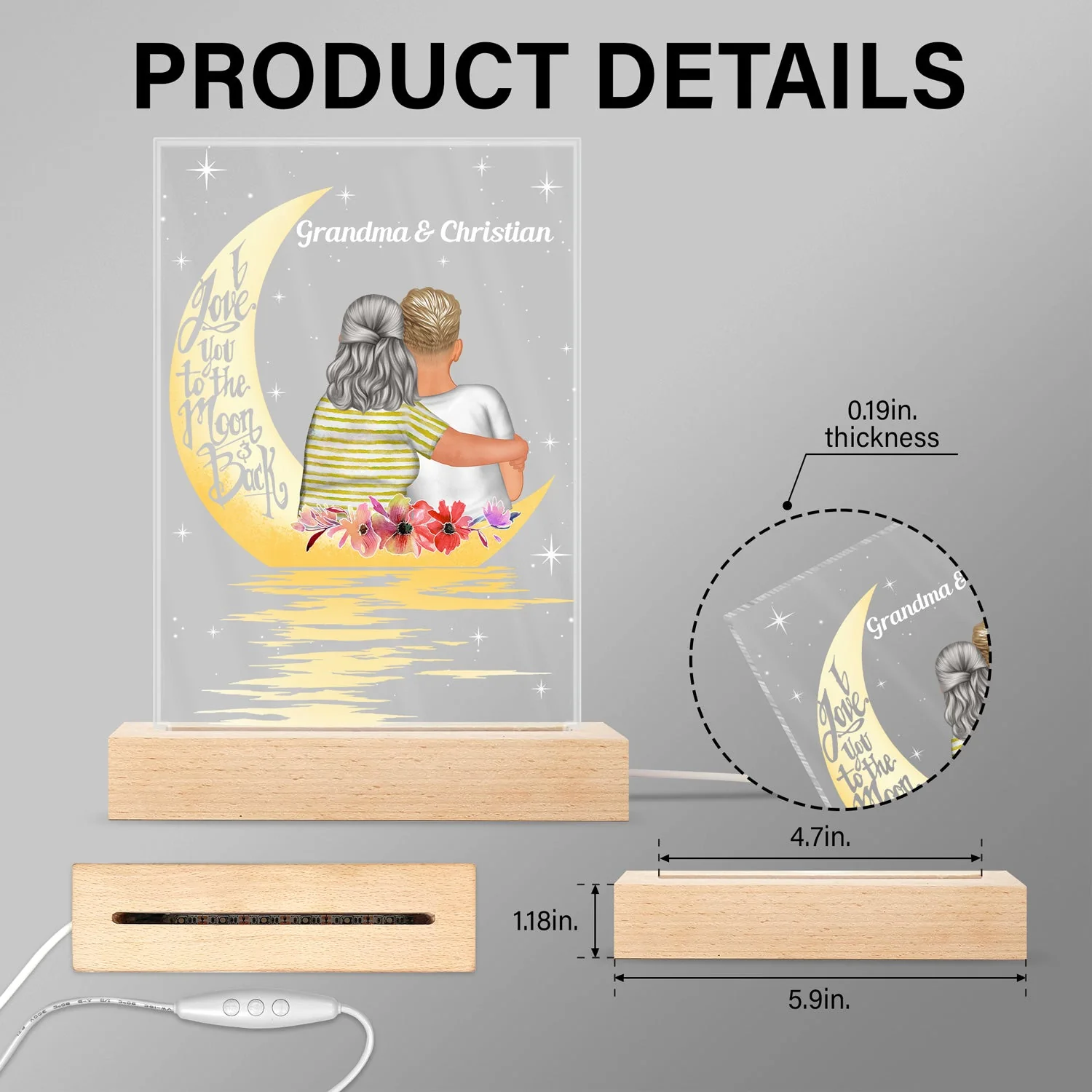 Love You To The Moon & Back - Gift For Grandma - Personalized Custom 3D Led Light Wooden Base - Image 5