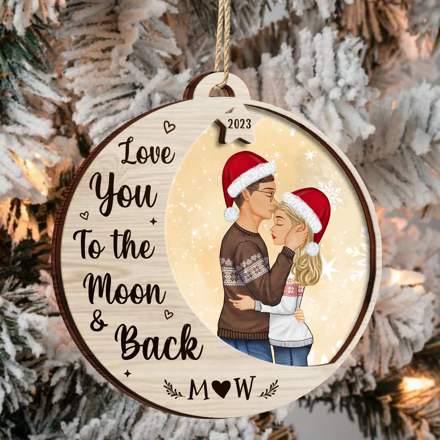 Love You To The Moon - Christmas Gift For Couples - Personalized 2-Layered Wooden Ornament - Image 3