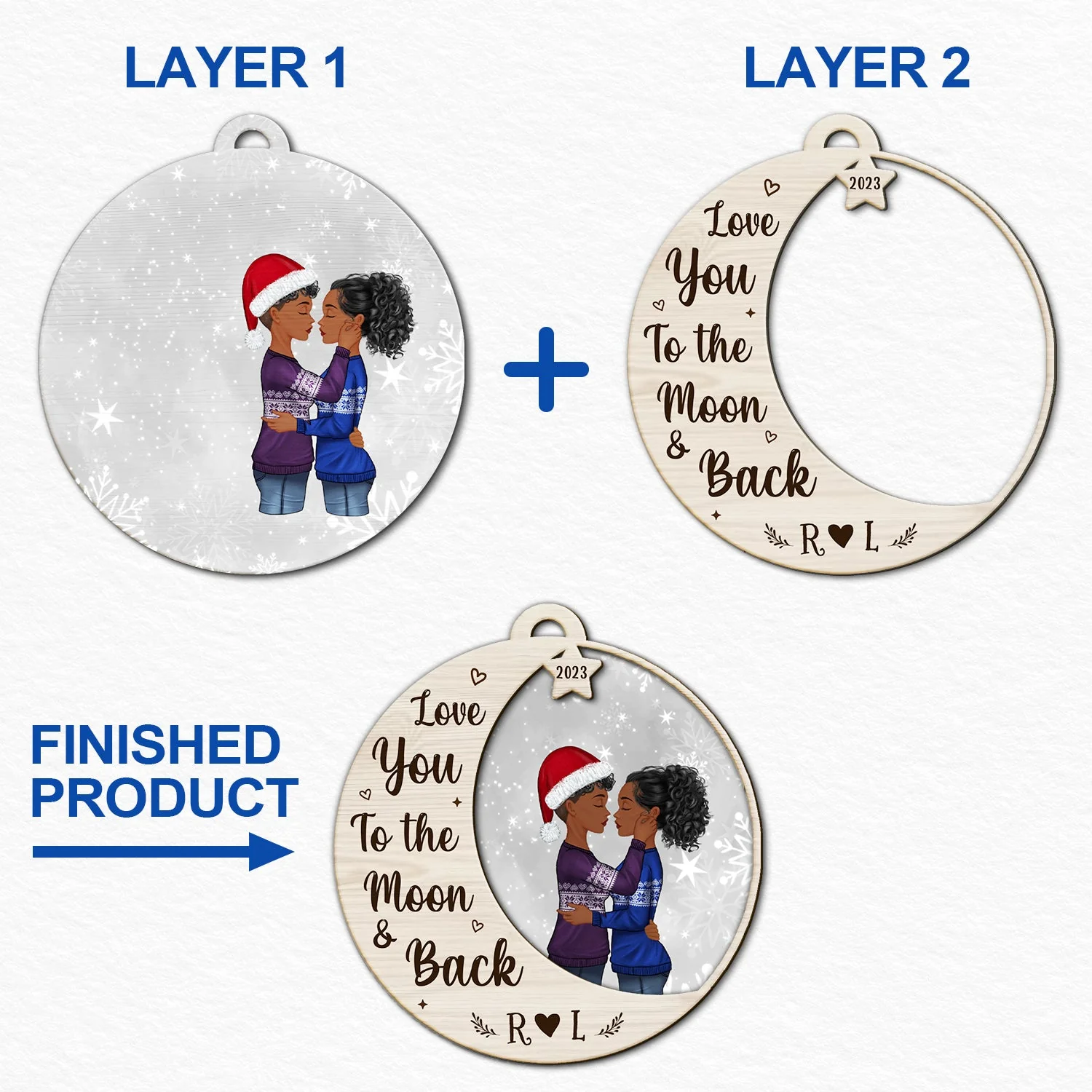 Love You To The Moon - Christmas Gift For Couples - Personalized 2-Layered Wooden Ornament - Image 6