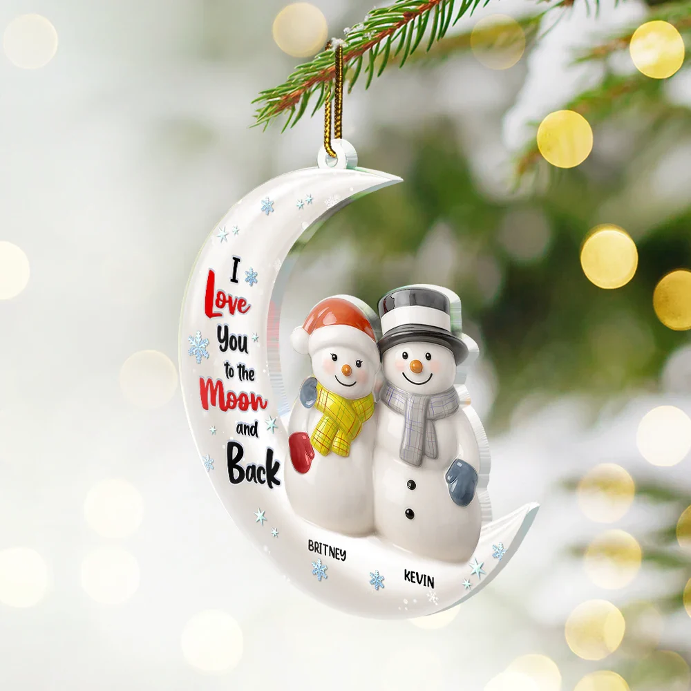 Love You To The Moon Couple Snowman Ceramic Effect - Personalized Custom Shaped Acrylic Ornament - Image 2