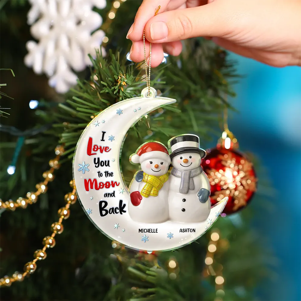 Love You To The Moon Couple Snowman Ceramic Effect - Personalized Custom Shaped Acrylic Ornament - Image 4