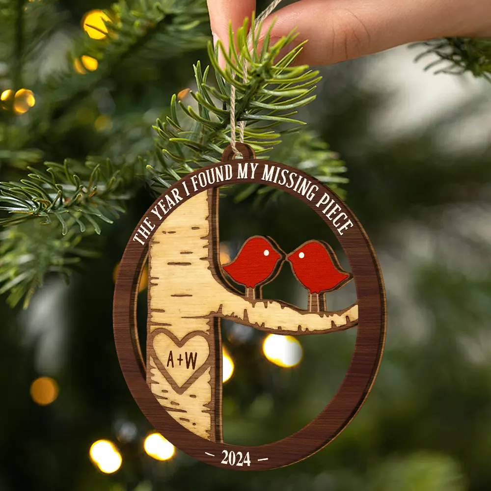 Lovebirds Couple The Year I Found My Missing Piece - Personalized Custom Shaped Wooden Ornament - Image 2