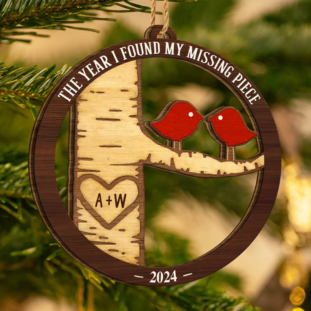 Lovebirds Couple The Year I Found My Missing Piece - Personalized Custom Shaped Wooden Ornament - Image 3