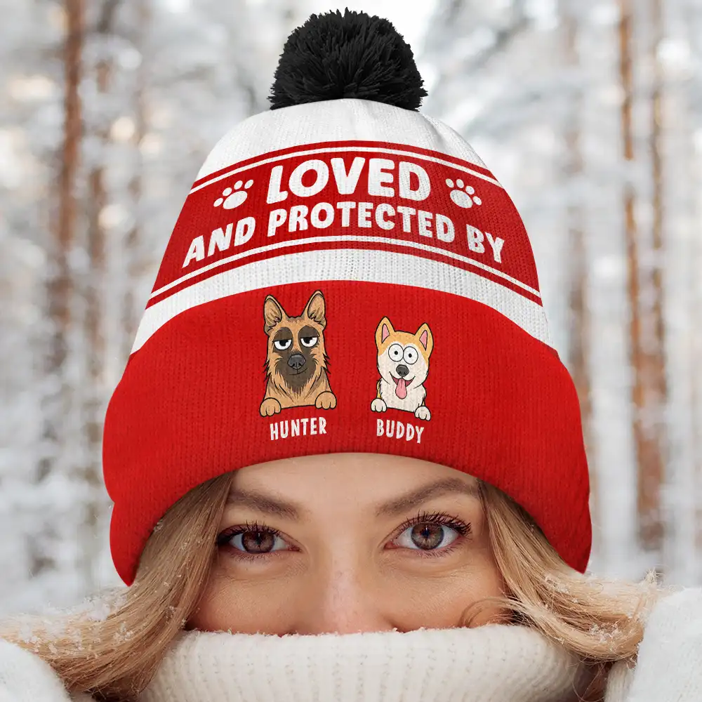 Loved & Protected By Dog - Personalized Bobble Beanie Hat - Image 4