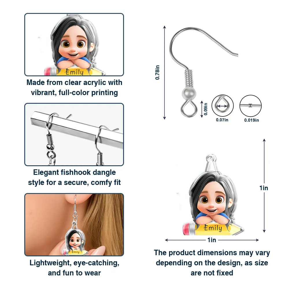 Lovely Kid On The Pencil - Personalized Acrylic Earrings - Image 6