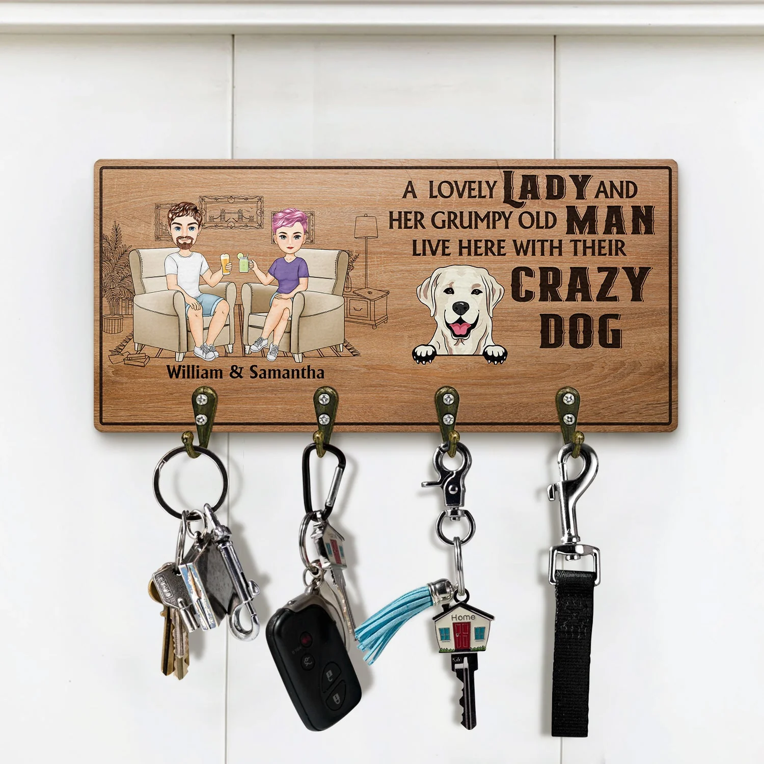Lovely Lady Grumpy Old Man With Crazy Dogs - Gift For Dog Owners, Couples - Personalized Wood Key Holder - Image 2