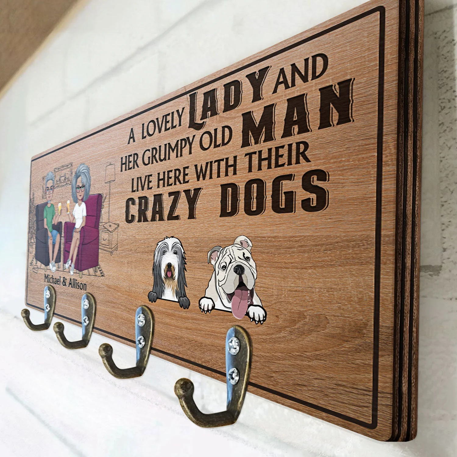 Lovely Lady Grumpy Old Man With Crazy Dogs - Gift For Dog Owners, Couples - Personalized Wood Key Holder - Image 3