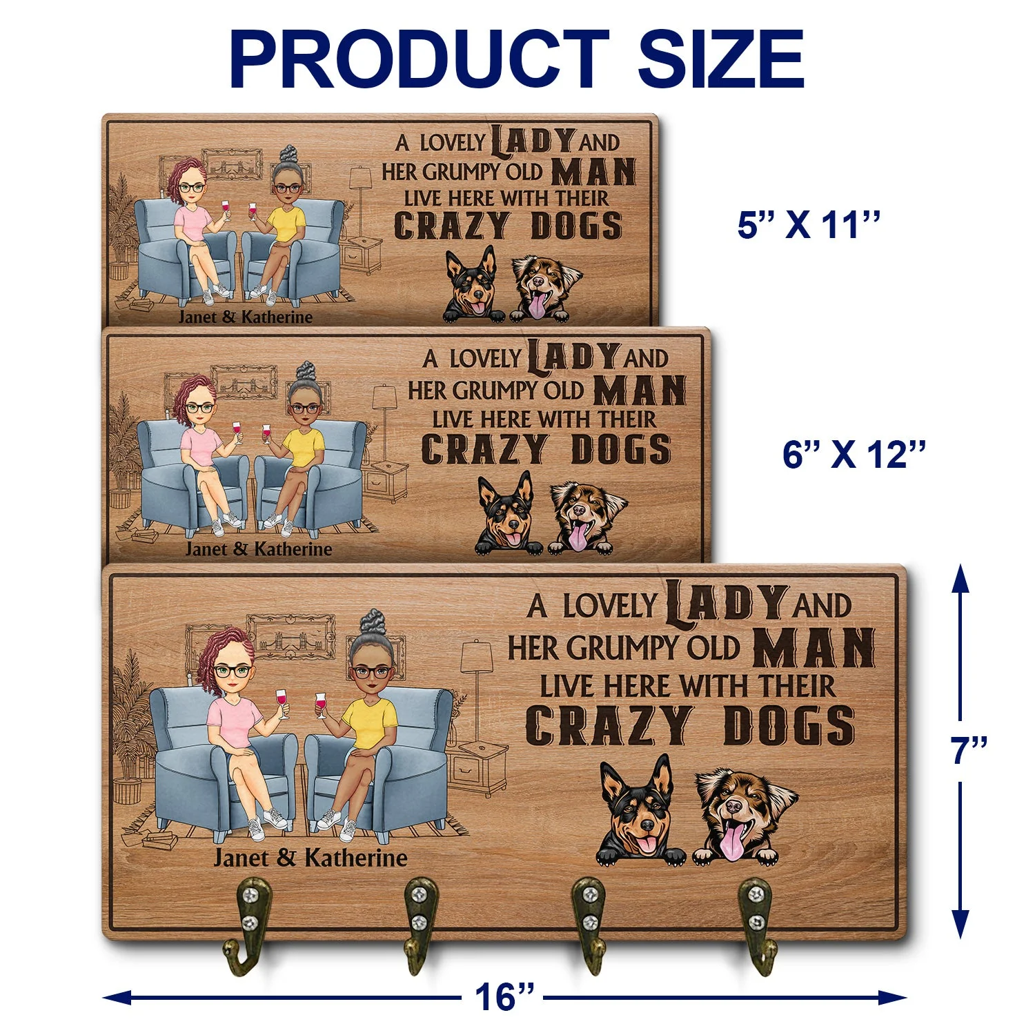 Lovely Lady Grumpy Old Man With Crazy Dogs - Gift For Dog Owners, Couples - Personalized Wood Key Holder - Image 4