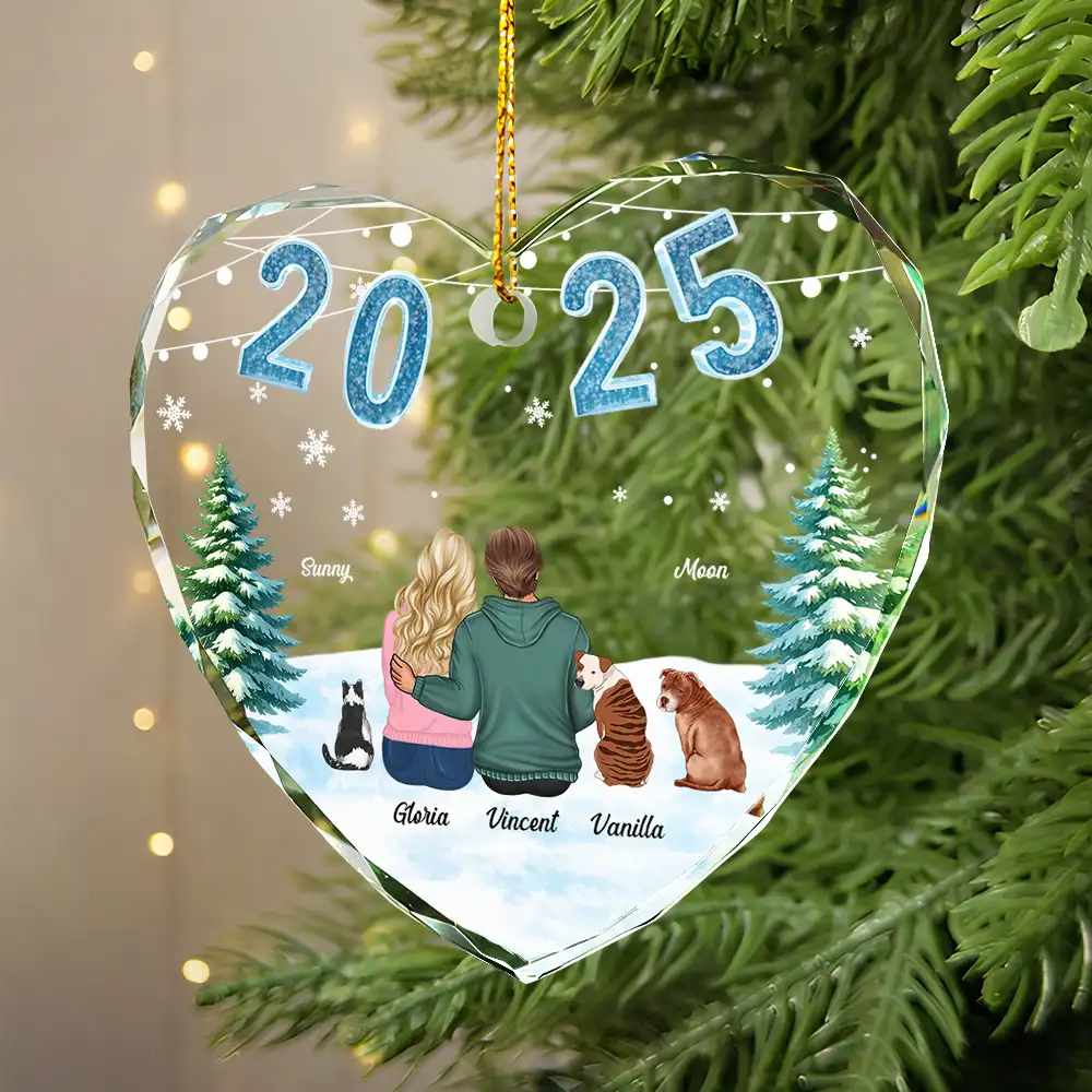 Loving Couple Dog Cat - Personalized Heart Shaped Glass Ornament - Image 2