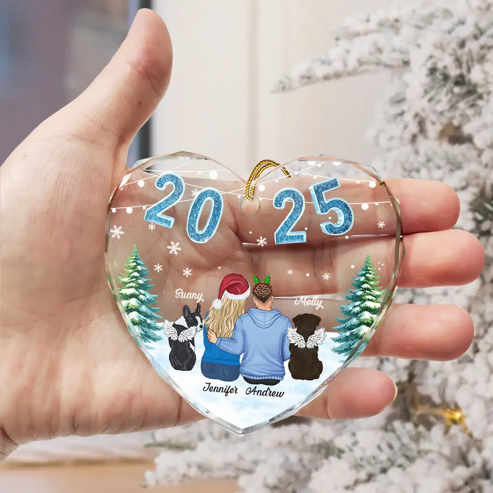Loving Couple Dog Cat - Personalized Heart Shaped Glass Ornament - Image 3