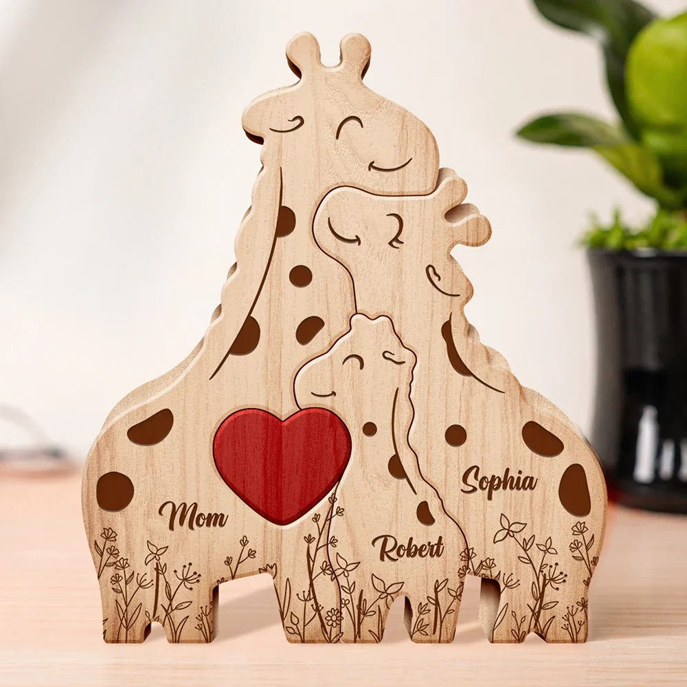 Loving Giraffe Family - Personalized Custom Shaped Wooden Puzzle