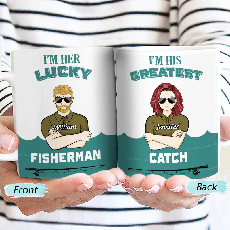 Lucky Fisherman Greatest Catch Husband Wife Fishing Couple - Personalized Custom White Edge-to-Edge Mug - Image 2