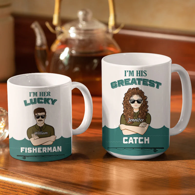 Lucky Fisherman Greatest Catch Husband Wife Fishing Couple - Personalized Custom White Edge-to-Edge Mug - Image 3