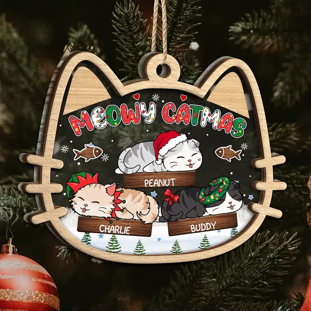 Lying Cat Meowy Catmas - Personalized 2-Layered Mix Ornament