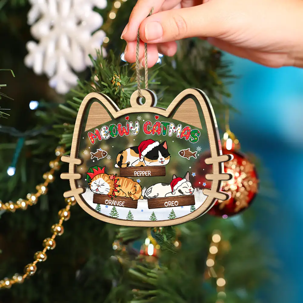 Lying Cat Meowy Catmas - Personalized 2-Layered Mix Ornament - Image 4