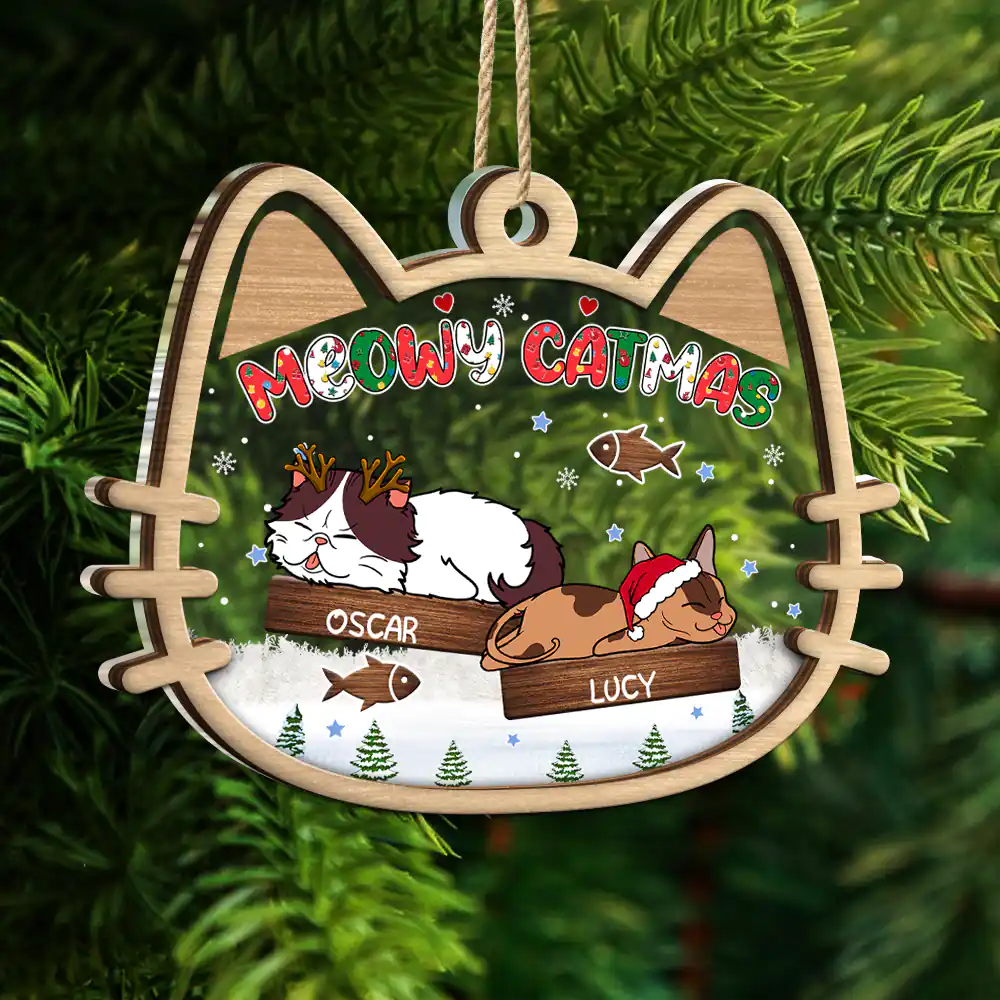 Lying Cat Meowy Catmas - Personalized 2-Layered Mix Ornament - Image 5