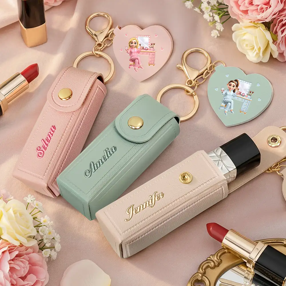 Makeup Girl With Custom Name - Personalized Leather Lipstick Case Keychain With Mirror