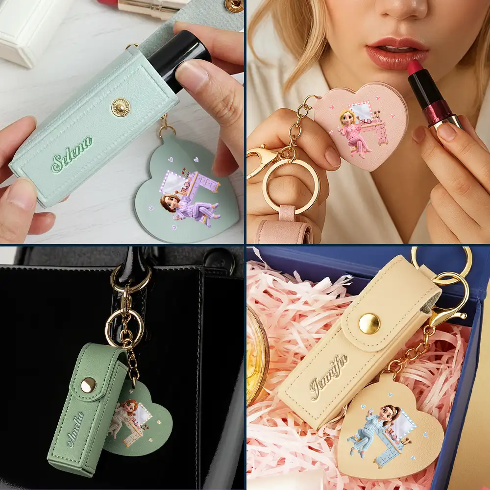 Makeup Girl With Custom Name - Personalized Leather Lipstick Case Keychain With Mirror - Image 6