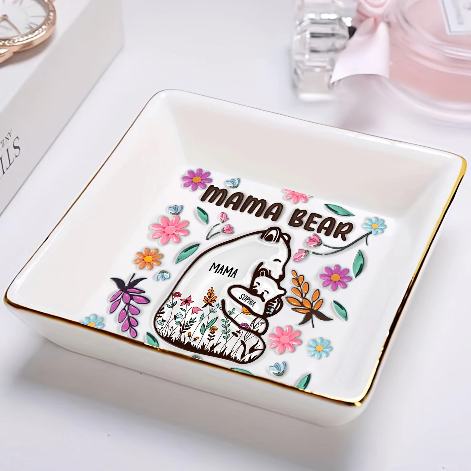 Mama Bear Floral Style - Birthday, Loving Gift For Mom, Mother, Grandma, Grandmother - 3D Inflated Effect Printed Dish, Personalized Ring Dish - Image 2