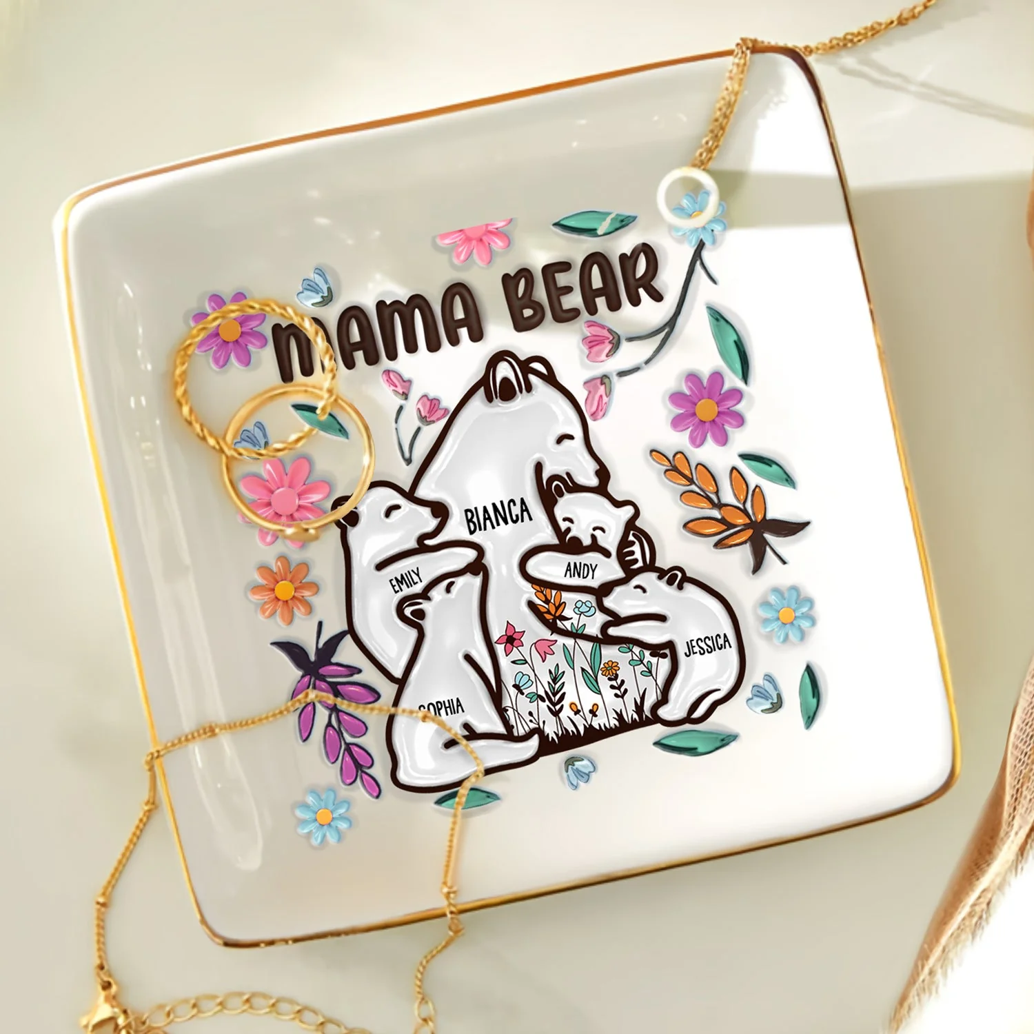 Mama Bear Floral Style - Birthday, Loving Gift For Mom, Mother, Grandma, Grandmother - 3D Inflated Effect Printed Dish, Personalized Ring Dish - Image 4