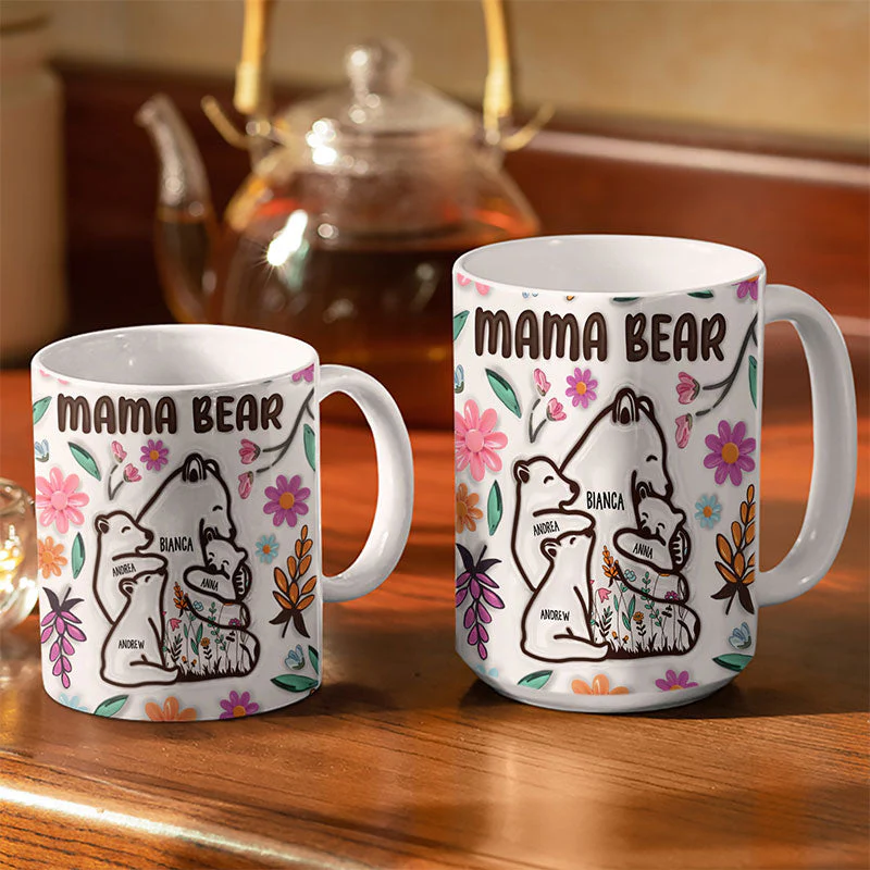 Mama Bear Floral Style - Birthday, Loving Gift For Mom, Mother, Grandma, Grandmother - 3D Inflated Effect Printed Mug, Personalized White Edge-to-Edge Mug - Image 3