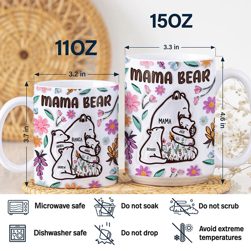 Mama Bear Floral Style - Birthday, Loving Gift For Mom, Mother, Grandma, Grandmother - 3D Inflated Effect Printed Mug, Personalized White Edge-to-Edge Mug - Image 5