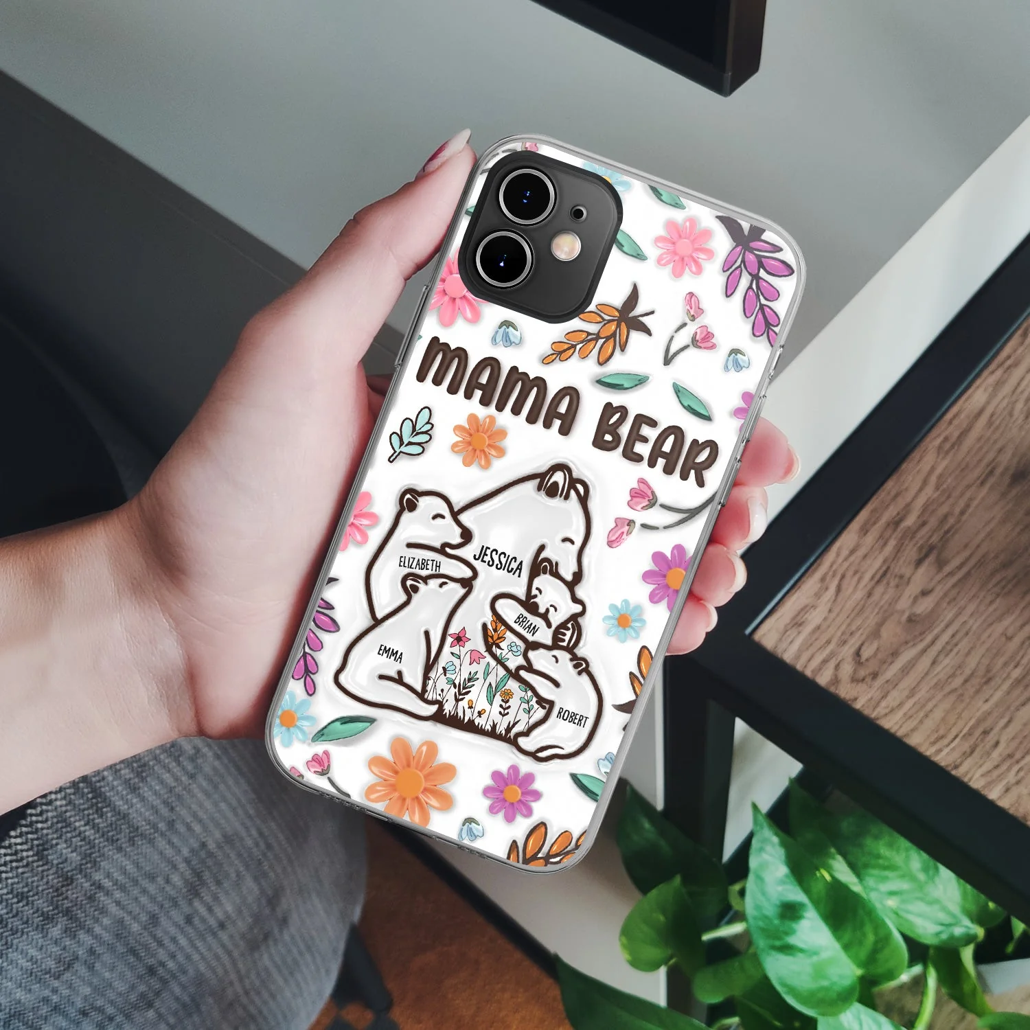 Mama Bear Floral Style - Birthday, Loving Gift For Mom, Mother, Grandma, Grandmother - 3D Inflated Effect Printed, Personalized Clear Phone Case - Image 4