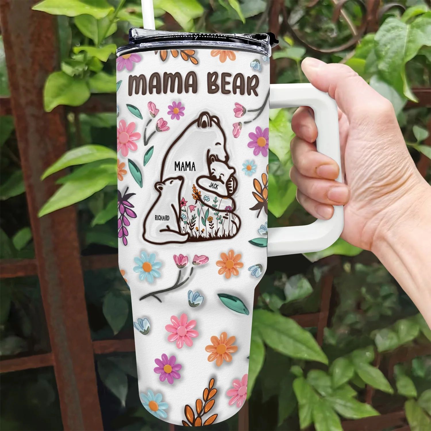 Mama Bear Floral Style - Birthday, Loving Gift For Mom, Mother, Grandma, Grandmother - 3D Inflated Effect Printed Tumbler, Personalized 40oz Tumbler With Straw - Image 2
