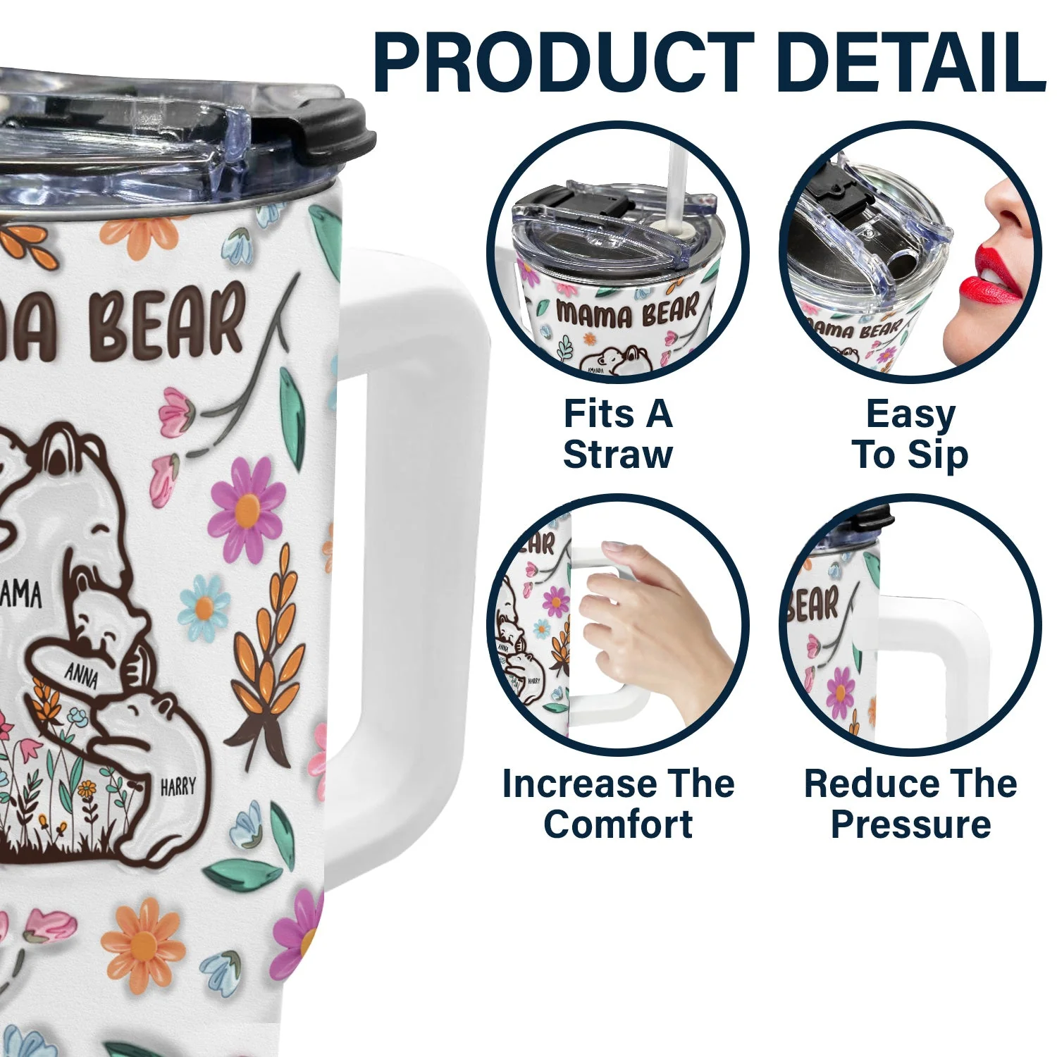 Mama Bear Floral Style - Birthday, Loving Gift For Mom, Mother, Grandma, Grandmother - 3D Inflated Effect Printed Tumbler, Personalized 40oz Tumbler With Straw - Image 5