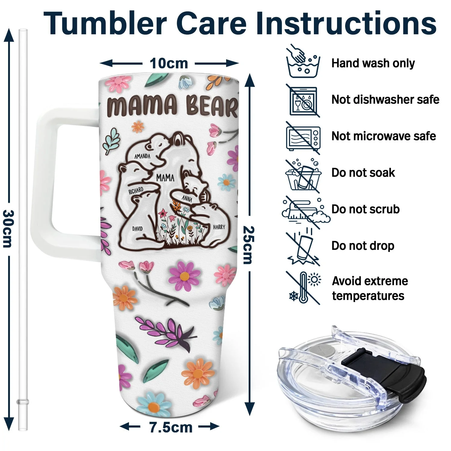 Mama Bear Floral Style - Birthday, Loving Gift For Mom, Mother, Grandma, Grandmother - 3D Inflated Effect Printed Tumbler, Personalized 40oz Tumbler With Straw - Image 6