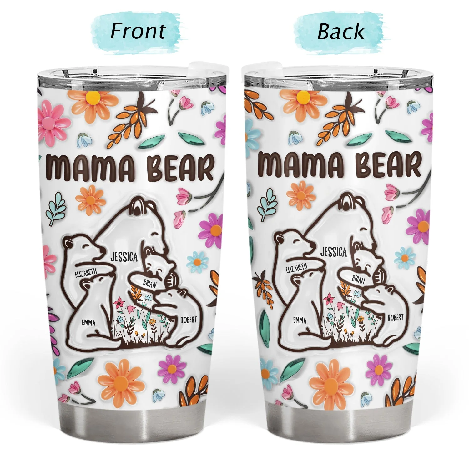 Mama Bear Floral Style - Birthday, Loving Gift For Mom, Mother, Grandma, Grandmother - 3D Inflated Effect Printed Tumbler, Personalized Tumbler - Image 3