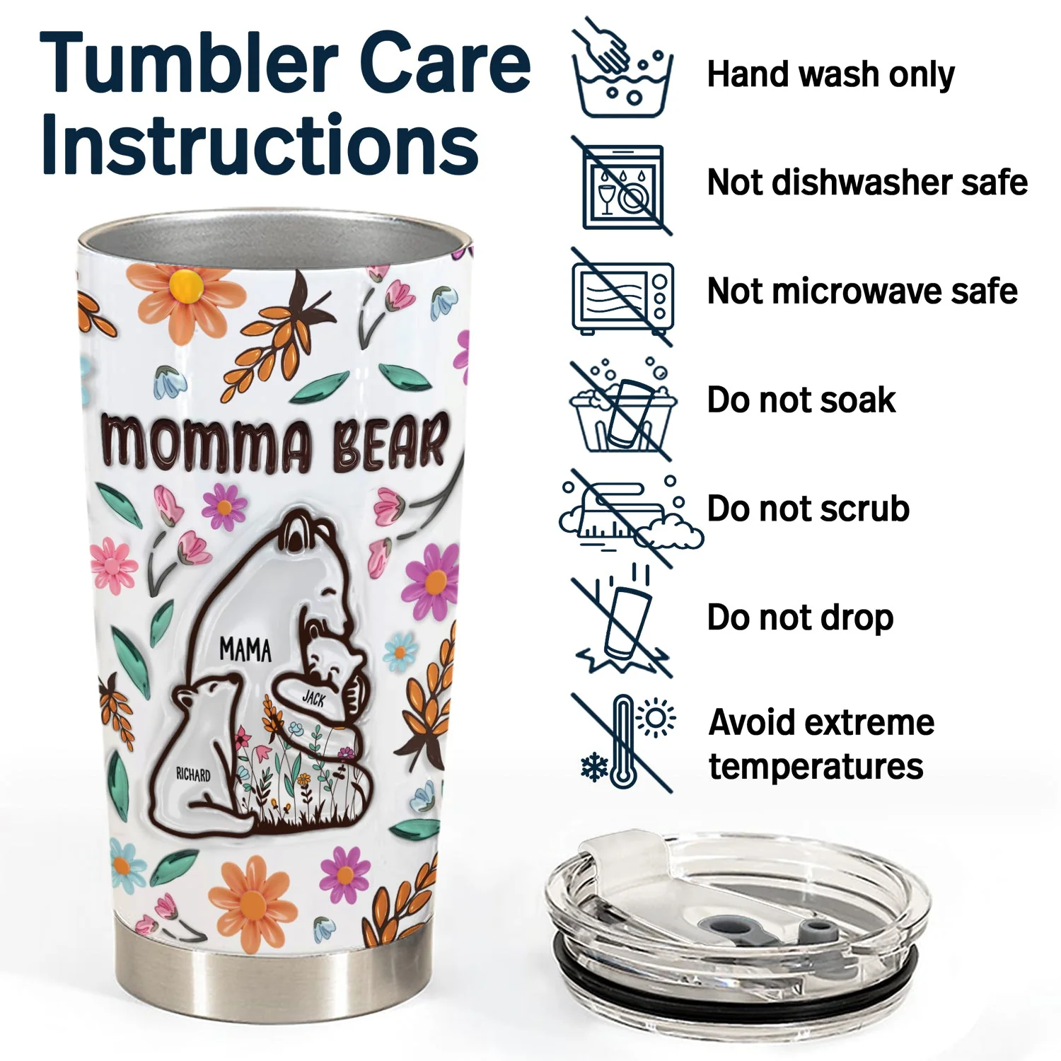 Mama Bear Floral Style - Birthday, Loving Gift For Mom, Mother, Grandma, Grandmother - 3D Inflated Effect Printed Tumbler, Personalized Tumbler - Image 5