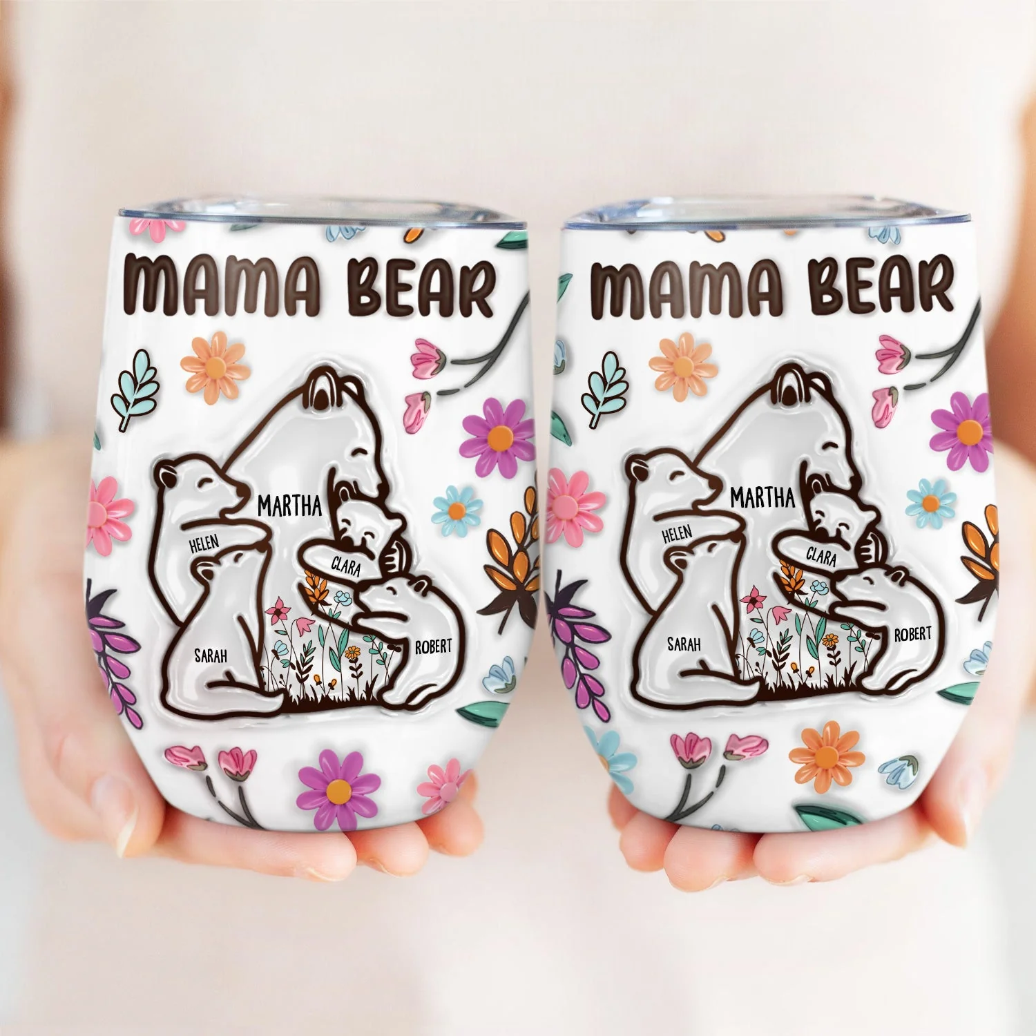 Mama Bear Floral Style - Birthday, Loving Gift For Mom, Mother, Grandma, Grandmother - 3D Inflated Effect Printed Tumbler, Personalized Wine Tumbler - Image 3