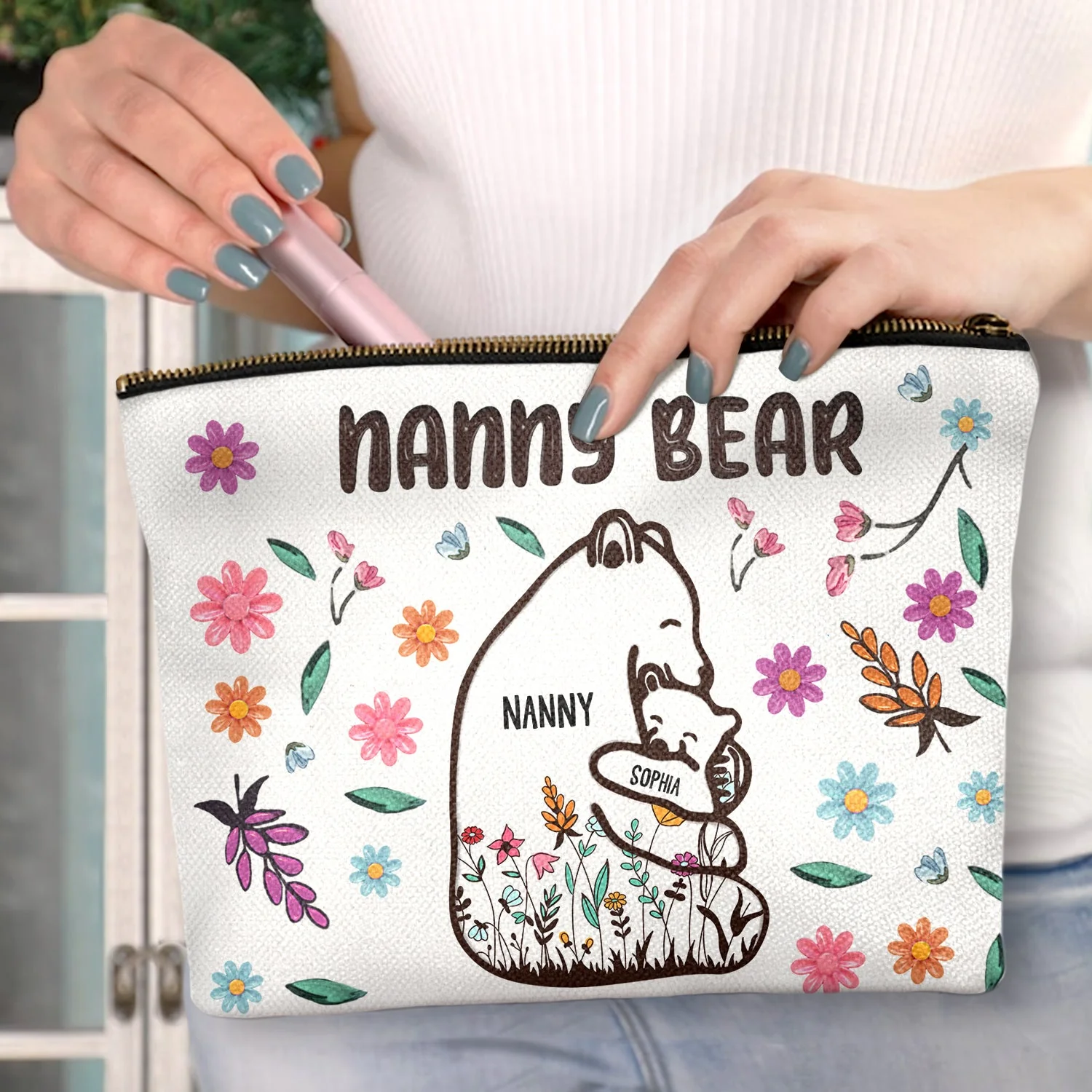 Mama Bear Floral Style - Birthday, Loving Gift For Mom, Mother, Grandma, Grandmother - Personalized Cosmetic Bag - Image 3