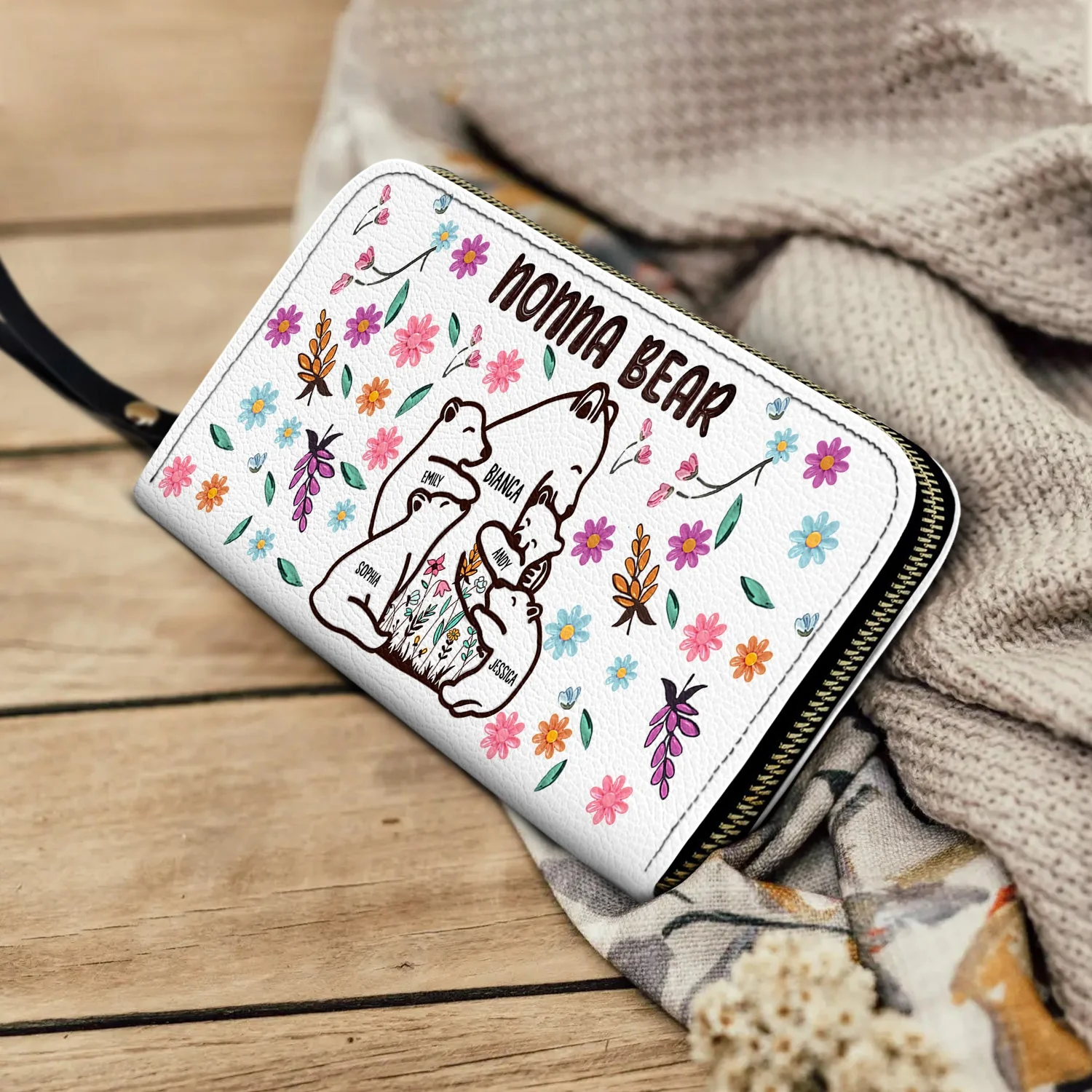 Mama Bear Floral Style - Birthday, Loving Gift For Mom, Mother, Grandma, Grandmother - Personalized Leather Long Wallet - Image 4
